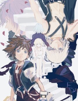 1girl 5boys belt belt_buckle black_gloves black_headwear black_jacket blonde_hair blue_belt blue_eyes bodysuit brown_hair buckle chain chair crown diz drawing dress facing_away falling_petals floating_stairs frown gloves grin hand_to_own_mouth highres holding holding_sketchbook jacket jewelry jumpsuit keyblade kingdom_hearts kingdom_hearts:_chain_of_memories light_frown marluxia mask medium_hair multiple_belts multiple_boys namine necklace nishinsobha on_chair open_clothes open_jacket parted_lips petals pink_hair red_jumpsuit riku_(kingdom_hearts) sad serious shirt shoes short_hair short_sleeves sitting sketchbook sleeveless smile sora_(kingdom_hearts) spaghetti_strap spiked_hair stairs standing white_dress white_footwear white_gloves white_hair yellow_eyes yellow_shirt
