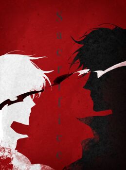 2boys black_coat black_hair blood blood_splatter censored censored_identity coat color_contrast english_text facing_another highres kim_dokja male_focus multiple_boys omniscient_reader&#039;s_viewpoint open_clothes open_coat popped_collar portrait short_hair silhouette white_coat white_hair xichayvebede yoo_joonghyuk