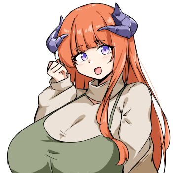 Rule 34 | 1girl, :d, apron, arknights, bagpipe (arknights), breasts, brown sweater, green apron, hand up, highres, horns, huge breasts, light blush, long hair, looking at viewer, open mouth, orange hair, purple eyes, purple horns, simple background, sleeves past wrists, smile, solo, sweater, turtleneck, turtleneck sweater, upper body, white background, xibu cai