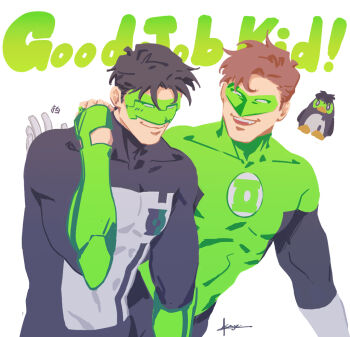 2boys black_bodysuit black_hair bodysuit covered_abs dc_comics domino_mask eye_mask gloves green_bodysuit green_lantern green_lantern_(series) green_lantern_corps grey_bodysuit hal_jordan jewelry kyle_rayner large_pectorals male_focus mask multicolored_bodysuit multiple_boys muscular muscular_male pectorals power_ring_(green_lantern) ring short_hair smile superhero_costume two-tone_bodysuit white_bodysuit white_gloves who_thehell_is