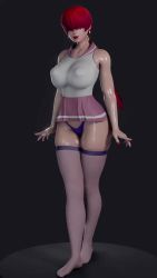 1girl 20s 3d animated ass blender_(medium) blue_thong blue_trim bob_cut bouquetman breasts covered_erect_nipples crossed_ankles earrings female_focus grey_background hair_ornament hair_over_eyes hairclip highres huge_ass jewelry large_breasts legs lipstick long_hair looping_animation makeup miniskirt model multiple_views nipples pink_skirt platform puffy_nipples purple_thighhighs red_hair red_lips sailor_collar sailor_shirt shermie_(kof) shiny_skin shirt simple_background skindentation skirt sleeveless snk spinning standing the_king_of_fighters the_king_of_fighters_xv thighhighs thong turnaround video white_shirt white_trim