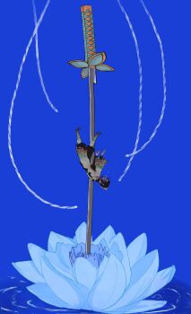 1girl black_jacket black_pants butterfly_hair_ornament butterfly_print_haori commentary_request demon_slayer_uniform falling flower hair_ornament haori highres jacket japanese_clothes kimetsu_no_yaiba kochou_shinobu medium_hair mnbvmn0976 outstretched_arms pants parted_bangs print_haori sidelocks solo string sword tears updo water_lily_flower weapon