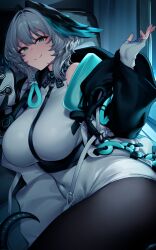 1girl absurdres aqua_eyes arknights bare_shoulders black_jacket black_pantyhose breasts closed_mouth commentary covered_navel cowboy_shot dress english_commentary fingerless_gloves gloves grey_dress grey_gloves grey_hair highres ho&#039;olheyak_(arknights) infection_monitor_(arknights) jacket large_breasts long_sleeves looking_at_viewer mixed-language_commentary nanatsuichi open_clothes open_jacket paid_reward_available pantyhose short_hair smile solo strap
