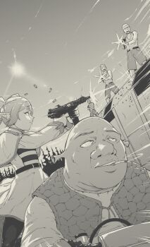 1girl 4boys bald beard belt bullet_hole capelet casing_ejection cigarette commentary crossover day dreamworks dress english_commentary facial_hair firing frieren grand_theft_auto grand_theft_auto:_san_andreas greyscale gun headband highres holding holding_gun holding_weapon light_rays long_hair long_sleeves monochrome motion_lines motor_vehicle motorcycle multiple_boys multiple_crossover outdoors pantyhose parody parted_lips riding rockstar serious shell_casing shirt shorts shrek shrek_(series) sidelocks smoke smoking sousou_no_frieren submachine_gun sun tank_top thick_eyebrows train tree twintails tyrone vest weapon