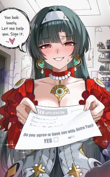 Rule 34 | 1girl, absurdres, alakazam, artificial vagina, ass, astra yao, black hair, blush, book, breasts, character request, cleavage, earrings, english text, female pervert, figure, gen 1 pokemon, hairband, highres, holding, holding paper, jewelry, large breasts, looking at viewer, mole, mole under each eye, mole under eye, multiple moles, necklace, paper, pervert, poro (league of legends), poster (object), pov, red eyes, sex toy, shelf, smell, solo, speech bubble, steve (minecraft), upper body, white hairband, white kojinak, zenless zone zero