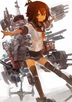 1girl absurdres anchor brown_eyes brown_hair folded_ponytail hair_ornament hairclip highres inazuma_(kancolle) kaamin_(mariarose753) kantai_collection military_uniform naval_uniform neckerchief outstretched_arms pleated_skirt red_neckerchief school_uniform serafuku simple_background skirt thighhighs thighs white_background