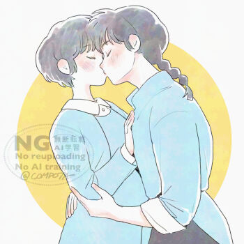 Rule 34 | 1boy, 1girl, artist name, black hair, blue dress, blush, commentary, con sonne, dress, hand on another's arm, hand on another's chest, hetero, highres, kiss, pale skin, ranma 1/2, saotome ranma, tendou akane, watermark, yellow background