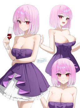 1girl absurdres bare_shoulders breasts champagne_flute cleavage commentary cup dress drinking_glass gridman_universe happy05x highres holding holding_cup large_breasts looking_at_viewer multiple_views pink_hair purple_dress purple_eyes shinjou_akane short_hair simple_background smile ssss.gridman white_background