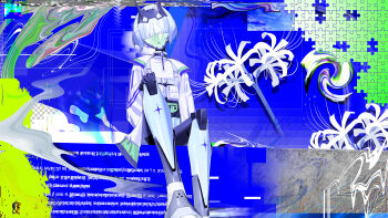 1girl absurdres commentary commission english_commentary flower hair_over_eyes hand_on_own_knee highres original puzzle robot short_hair signal_1120 skeb_commission solo white_hair