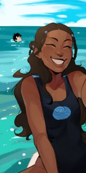 1boy 1girl ^_^ arm_support avatar:_the_last_airbender avatar_legends black_eyes black_one-piece_swimsuit bracelet brown_hair closed_eyes cloud cloudy_sky collarbone commentary dark-skinned_female dark_skin day dranktwocoffees english_commentary highres jewelry katara ocean one-piece_swimsuit selfie sky smile surfboard swimsuit water zuko