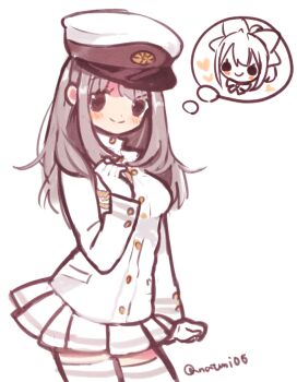 Rule 34 | 1girl, blush, bow, breasts, brown eyes, female admiral (kancolle), gloves, grey hair, hair bow, hat, kantai collection, long hair, long sleeves, looking at viewer, medium breasts, military, military uniform, miniskirt, multiple views, natsumi (natumi06), naval uniform, peaked cap, pleated skirt, simple background, skirt, solo, speech bubble, thighhighs, thought bubble, twitter username, white background, white gloves, white hat, white thighhighs, yuubari (kancolle)
