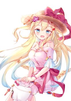 Rule 34 | 1girl, absurdres, bag, bare shoulders, battle spirits, blonde hair, blue eyes, blue hair, bow, bracelet, braid, breasts, charm (object), cleavage, commentary, flower, gradient hair, hair flower, hair ornament, hand jewel, hat, hat bow, haundo b, highres, holding, holding bag, jewelry, large breasts, looking at viewer, multicolored hair, off-shoulder shirt, off shoulder, open mouth, pink shirt, pink skirt, red bow, rei ooba, shirt, sitting, skirt, solo, straw hat, untranslatable commentary, waist bow, white background, white bag