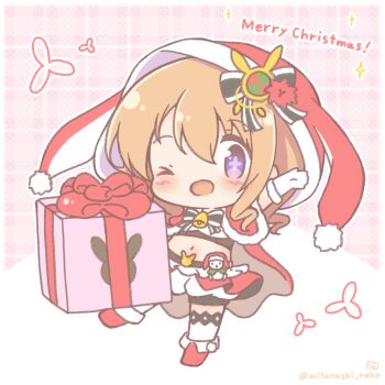 Rule 34 | 1girl, ;d, bell, blush, boots, bow, box, brown hair, capelet, chibi, commentary request, cross-shaped pupils, fold-over boots, fur-trimmed capelet, fur-trimmed gloves, fur trim, gift, gift box, gloves, gochuumon wa usagi desu ka?, hair between eyes, hat, highres, hoto cocoa, merry christmas, mitarashi neko, navel, neck bell, one eye closed, open mouth, plaid background, puffy shorts, purple eyes, red boots, red capelet, red hat, red skirt, santa hat, shorts, skirt, smile, solo, sparkle, striped bow, symbol-shaped pupils, thighhighs, thighhighs under boots, white gloves, white shorts, white thighhighs