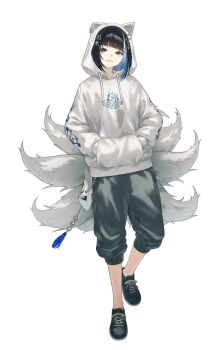 1girl animal_ear_hood black_hair black_shoes blue_eyes blue_hair capri_pants clothes_writing colored_inner_hair commentary_request diagonal_bangs fagi_(kakikaki) fake_animal_ears fox_tail full_body grey_pants grin gunzyo_roman hair_ornament hands_in_pocket highres hood hood_up hoodie long_sleeves looking_at_viewer madtown_gta making-of_available mask mole mole_on_neck multicolored_hair multiple_tails no_socks pants print_hoodie shoes simple_background smile solo sparkle_hair_ornament standing streaked_hair tail uniraid unworn_mask virtual_youtuber white_background white_hoodie white_tail