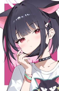 Rule 34 | 1girl, absurdres, ama (pixiv24262513), animal ears, black choker, black hair, black mask, blue archive, border, cat ears, choker, colored inner hair, commentary request, extra ears, halo, hand up, highres, kazusa (band) (blue archive), kazusa (blue archive), looking at viewer, mask, mask pull, mouth mask, multicolored hair, official alternate costume, outside border, pink eyes, pink hair, pink halo, portrait, shirt, short hair, solo, white border, white shirt