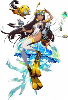 1girl adjusting_mask animal arm_strap black_hair blue_eyes breasts cage camera covered_navel dark-skinned_female dark_skin diving_helmet diving_mask diving_mask_on_head diving_suit flippers floating_hair full_body game_cg goggles goggles_on_head helmet highleg highleg_one-piece_swimsuit holding holding_camera jellyfish langrisser langrisser_mobile langrisser_re:incarnation large_breasts long_hair looking_at_viewer official_alternate_costume official_art one-piece_swimsuit oversized_animal parted_lips scuba scuba_gear scuba_tank shiny_skin simple_background snorkel snorkel_mask solo_focus squirrel swimming swimsuit tachi-e thighhighs third-party_source towa_(langrisser) transparent_background very_long_hair white_one-piece_swimsuit