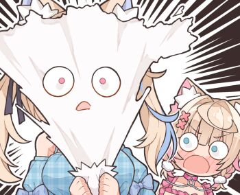 animal_ear_fluff animal_ears dog_ears dog_girl fuwawa_abyssgard gasp highres hololive hololive_english in_the_face kukie-nyan mococo_abyssgard siblings sisters surprised twins virtual_youtuber wide-eyed