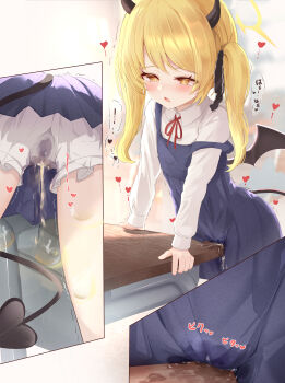 1girl absurdres arm_support black_horns black_ribbon black_tail black_wings blonde_hair bloomers blue_archive blue_dress blurry blurry_background blush bright_pupils classroom clothed_masturbation collared_shirt commentary covered_clitoris cowboy_shot crotch_rub demon_horns demon_tail demon_wings desk dot_nose dress female_masturbation flasher_(flasher_ura) hair_ribbon half-closed_eyes halo heart highres horns huge_filesize ibuki_(blue_archive) indoors large_variant_set loli long_hair long_sleeves low_wings masturbation masturbation_through_clothes multiple_views neck_ribbon open_mouth pee peeing peeing_on_viewer peeing_self pinafore_dress pleated_dress public_indecency pussy_juice pussy_juice_puddle pussy_juice_stain red_ribbon ribbon rolling_eyes school_desk shirt sleeveless sleeveless_dress sound_effects speech_bubble spoken_heart standing strap_slip table_humping tail torogao trembling underwear upskirt variant_set wavy_mouth white_bloomers white_pupils white_shirt wings yellow_eyes yellow_halo