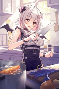 1girl black_skirt blue_lobster boiling bowl bracelet breasts cabinet carrot clenched_hand colored_inner_hair commentary_request cooking_pot counter cowboy_shot cutting_board dappled_sunlight demon_wings dot_nose double_bun drawer glint hair_bun hair_ornament heart heart_hair_ornament high-waist_skirt highres holding holding_knife indie_virtual_youtuber indoors jewelry kitchen knife lobster looking_down lq_saku medium_breasts multicolored_hair onion open_mouth pink_hair plate shirt short_hair skirt smile solo spatula streaked_hair sunlight suou_patra suou_patra_(9th_costume) tree virtual_youtuber white_background white_shirt window wings x_hair_ornament yellow_eyes