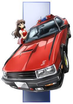 1girl breasts brown_eyes brown_hair car cleavage_cutout clothing_cutout crossover dress future_gpx_cyber_formula hair_behind_ear halter_dress halterneck heart_cutout highres looking_at_viewer motor_vehicle nissan nissan_skyline nissan_skyline_r30 radio_antenna red_car red_dress seibu_keisatsu small_breasts smile sugou_asuka taiga_hiroyuki vehicle_focus
