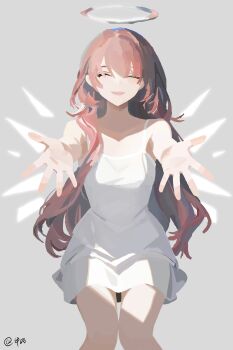 1girl :d ^_^ absurdres arknights bare_shoulders benlai_hai_ting_xihuan_shijie_de chinese_commentary closed_eyes commentary_request detached_wings dress facing_viewer grey_background halo happy highres incoming_hug lemuen_(arknights) long_hair open_mouth outstretched_arms pink_hair simple_background smile solo spaghetti_strap traditional_halo white_dress white_halo wings