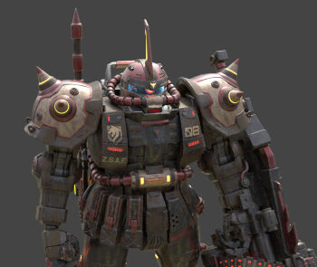 3d blender_(medium) cable commentary concept_art damaged emblem english_commentary fusion glowing glowing_eye gouf gouf_custom grey_background gundam heat_hawk hose light machinery mecha mecha_focus mobile_suit no_humans one-eyed original radio_antenna ray_tang realistic red_eyes redesign robot roundel science_fiction shield shoulder_spikes spikes tube upper_body wolf_print zaku_ii zeon