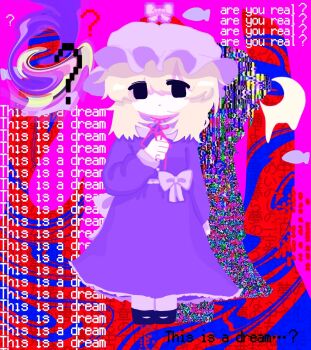 1girl ? abstract_background back_bow black_eyes black_shoes blonde_hair bow closed_mouth collared_dress colorful distortion dress dress_bow drop_shadow english_text expressionless eyes_visible_through_hair fish frilled_dress frills full_body glitch hat highres holding holding_ribbon long_sleeves looking_at_viewer maribel_hearn mary_janes medium_hair mob_cap multicolored_background neck_ribbon pink_ribbon purple_bow purple_dress purple_hat ribbon shoes sleepwalk_zzz solo standing static straight-on surreal swirl touhou