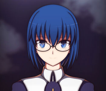 1girl absurdres black_dress blue_eyes blue_hair ciel_(tsukihime) cross dress glasses highres looking_at_viewer nun sakurello short_hair smile solo tsukihime tsukihime_(remake) upper_body