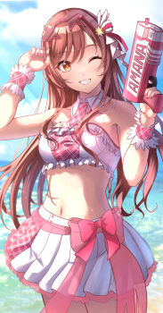 Rule 34 | 1girl, absurdres, beach, blue sky, blush, breasts, citrusmikan, cloud, cloudy sky, collarbone, day, detached collar, eyewear on head, finger on trigger, frilled tube top, frills, grin, hair ornament, hair ribbon, highres, holding, holding water gun, horizon, idolmaster, idolmaster shiny colors, long hair, looking at viewer, medium breasts, nail polish, navel, necktie, ocean, one eye closed, open mouth, osaki amana, outdoors, pink necktie, plaid clothes, plaid necktie, pleated skirt, red hair, ribbon, skirt, sky, smile, solo, standing, star-shaped eyewear, star (symbol), strapless, sunglasses, sweat, swept bangs, teeth, tinted eyewear, tube top, water, water gun, white skirt, wrist cuffs, yellow eyes