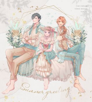 1girl 2boys alternate_costume alternate_hairstyle bad_id bad_twitter_id bare_shoulders barefoot black_hair blonde_hair blush bracelet breasts brown_background cleavage closed_mouth collarbone crossed_arms cursive dress edelgard_von_hresvelg english_text expressionless feet ferdinand_von_aegir fire_emblem fire_emblem:_three_houses floral_background formal_clothes frilled_dress frills full_body hair_over_one_eye hair_over_shoulder happy hat head_tilt highres hubert_von_vestra jewelry light_smile long_hair long_sleeves low_ponytail medium_breasts multiple_boys multiple_rings nintendo off_shoulder open_mouth orange_hair pants pink_eyes ponytail purple_eyes ring rn_(kicakabe) sitting smile suit sun_hat wavy_hair wide-eyed