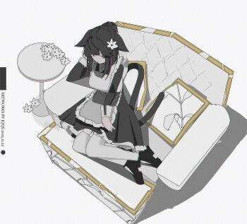 1girl alternate_costume animal_ears apron arknights arm_support artist_name black_dress black_hair black_shoes brown_eyes chinese_commentary closed_mouth commentary_request couch dated dress enmaided flower frilled_apron frilled_dress frills full_body grey_apron hair_flower hair_ornament highres jessica_(arknights) jessica_the_liberated_(arknights) jqqs2002 long_hair long_sleeves looking_at_viewer maid making-of_available multicolored_hair on_couch pantyhose pillow purple_hair purple_streaks shoes sidelocks sitting solo tail two-tone_hair white_flower white_pantyhose yokozuwari