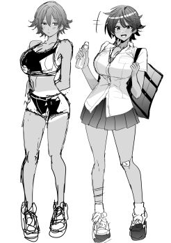 1girl bloomers blush breasts clash_kuro_neko dark-skinned_female dark_skin highres large_breasts light_blush looking_at_viewer monochrome original pants ramune school_uniform short_hair sketch smile tan tanline tomboy track_and_field track_pants underwear