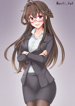 1girl ahoge anti_(untea9) bespectacled black_jacket black_pantyhose black_skirt blush breasts brown_hair collared_shirt cowboy_shot crossed_arms double_bun formal_clothes glasses grey_background hair_bun highres jacket kantai_collection kongou_(kancolle) long_hair long_sleeves looking_at_viewer medium_breasts office_lady open_mouth pantyhose pencil_skirt red-framed_eyewear shirt skirt skirt_suit smile solo suit twitter_username white_shirt