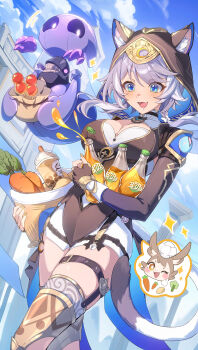 1girl animal_ear_fluff belt black_gloves black_hood black_leotard blue_eyes blue_sky blush bottle breasts carrot cat_girl cat_tail cipher_(honkai:_star_rail) cleavage commentary_request cup day disposable_cup drooling ears_through_hood fingerless_gloves fingernails food gloves grey_hair highres holding holding_bottle honkai:_star_rail honkai_(series) leotard long_fingernails long_sleeves looking_down medium_breasts medium_hair multicolored_hair nail_polish open_mouth outdoors potato shorts sky smile soda_bottle soulglad sparkle spirithief_bartholos_(honkai:_star_rail) streaked_hair sucui_qiuqiu tail thigh_belt thigh_strap thighs white_shorts yellow_nails