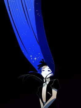 1other black_background black_jacket blue_eyes blue_hair commentary gem_uniform_(houseki_no_kuni) highres houseki_no_kuni jacket lapis_lazuli_(houseki_no_kuni) long_hair mt5_014 other_focus puffy_short_sleeves puffy_sleeves short_sleeves simple_background symbol-only_commentary very_long_hair