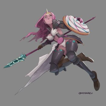 1girl adventure_time alternate_costume armor breasts colored_skin commentary faulds female_focus full_body gauntlets greaves grey_background humanization long_hair medium_breasts ohnarev pauldrons pink_hair pink_skin polearm princess_bonnibel_bubblegum red_eyes shield shoulder_armor showgirl_skirt solo spear thighhighs tiara weapon
