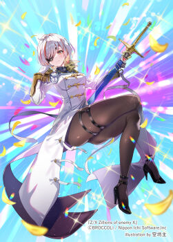 1girl blonde_hair breasts brown_pantyhose closed_mouth copyright_notice dress eyepatch gloves grey_hair high_heels highres holding holding_sheath holding_sword holding_weapon lisa_brunhild multicolored_hair official_art one_eye_covered orange_hair pantyhose pink_petals sheath short_hair solo sora-bozu sparkle sword weapon white_dress white_gloves yellow_eyes yellow_petals z/x