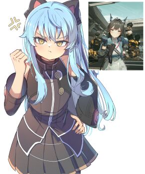 Rule 34 | absurdres, anger vein, angry, animal ears, ao no kiseki, arknights, arknights: endfield, bare shoulders, black shirt, black skirt, blue hair, cat ears, chen qianyu (arknights), commentary, detached sleeves, eiyuu densetsu, english commentary, fake animal ears, game screenshot inset, highres, long hair, naisu (nai su01), pleated skirt, screenshot inset, shirt, simple background, skirt, sleeveless, sleeveless shirt, tio plato, two side up, white background, yellow eyes, zero no kiseki