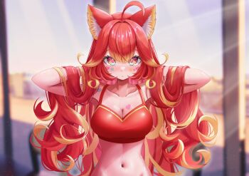 1girl absurdres ahoge animal_ear_fluff animal_ears arms_up blonde_streaks blue_eyes blurry blurry_background breasts camisole cat_ears cleavage collarbone crop_top curly_hair hair_between_eyes hair_lift hands_in_own_hair heart_on_cheek heart_on_chest highres large_breasts light_blush light_rays long_hair looking_at_viewer midriff multicolored_eyes multicolored_hair navel nyamaharu_eru nyantasia raised_inner_eyebrows red_camisole red_eyes red_hair solo star_on_cheek straight-on straight_hair streaked_hair sunlight torzzei two-tone_hair upper_body very_long_hair virtual_youtuber wet yellow_eyes