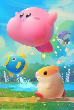 bird blue_sky cloud coo_(kirby) day fish flying grass hamster jake_kalbhenn kine_(kirby) kirby kirby's_dream_land_2 kirby_(series) nintendo outdoors owl path puffy_cheeks rick_(kirby) river road shadow sky star_(symbol) third-party_source tree walking