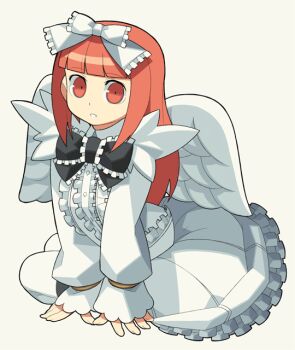 1girl angel angel_wings anime_coloring arched_back archived_source black_bow blunt_bangs bow buttons cave_(developer) center_frills deathsmiles dot_nose fingernails frilled_bow frilled_skirt frills fur_trim hair_bow hands_on_ground itsumo_nokoru jacket lace-trimmed_sleeves lace_trim legs_together lolita_fashion long_hair long_sidelocks long_sleeves looking_at_viewer open_clothes open_jacket orange_eyes orange_hair parted_lips shirt sidelocks simple_background single_sleeve_past_wrist sitting skirt small_pupils solo straight_hair thighhighs twisted_torso white_background white_bow white_jacket white_shirt white_skirt white_sleeves white_theme white_thighhighs white_wings windia_(deathsmiles) wing_collar wings