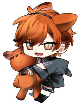 029jrr 1boy animal bell black_choker black_shoes black_socks chibi choker ear_piercing fangs full_body hashtag-only_commentary holding holding_stuffed_toy holostars holostars_english machina_x_flayon male_focus neck_bell open_mouth piercing red_eyes red_hair shoes socks solo stuffed_animal stuffed_toy teddy_bear thigh_strap virtual_youtuber