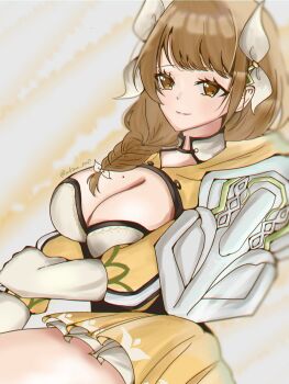 Rule 34 | 1girl, black corset, braid, braided ponytail, breasts, brown eyes, brown hair, cleavage, corset, fire emblem, fire emblem engage, goldmary (fire emblem), highres, hooded top, large breasts, low ponytail, nintendo, ponytail, ribbon, single shoulder pad, skirt, sukima 1220, white ribbon, yellow skirt