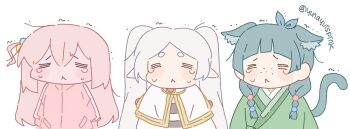 3girls :< =_= animal_ear_fluff animal_ears artist_name blush_stickers bocchi_the_rock! capelet cat_ears cat_tail chinese_clothes closed_eyes crossover cube_hair_ornament elf frieren gold_trim gotoh_hitori green_hair green_hanfu grey_hair hair_ornament hanfu jacket kemonomimi_mode kusuriya_no_hitorigoto long_hair long_pointy_ears maomao_(kusuriya_no_hitorigoto) messy_hair multiple_crossover multiple_girls one_side_up parted_bangs pink_hair pink_jacket pointy_ears shirt simple_background sousou_no_frieren standing striped_clothes striped_shirt tail thick_eyebrows track_jacket trembling twintails twitter_username upper_body white_background white_capelet yunayuispink