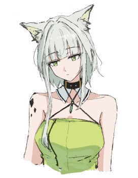 1girl animal_ear_fluff animal_ears arknights bare_shoulders breasts cat_ears cat_girl closed_mouth collarbone cropped_torso dress fuyukono green_dress green_eyes green_hair kal&#039;tsit_(arknights) large_breasts looking_to_the_side material_growth oripathy_lesion_(arknights) short_hair solo