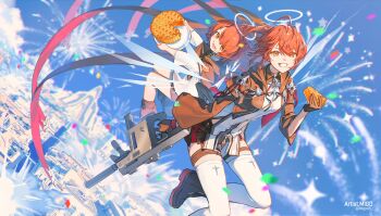 1girl aged_down apple_pie arknights artist_name black_gloves black_jacket breasts cake cake_slice city commentary cross cross_earrings detached_wings earrings energy_wings exusiai_(arknights) exusiai_(young)_(arknights) exusiai_the_new_covenant_(arknights) fingerless_gloves fireworks food foot_out_of_frame gloves gun halo highres holding holding_food holding_plate hood hood_down jacket jewelry kriss_vector long_sleeves looking_at_viewer medium_hair migo45 open_mouth orange_eyes pie plate red_hair shirt smile submachine_gun thighhighs traditional_halo twitter_username weapon white_halo white_shirt white_thighhighs wings