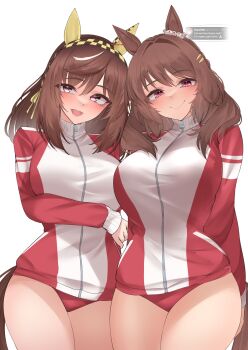 Rule 34 | 2girls, animal ears, arm under breasts, blush, breasts, brown hair, brown tail, buena vista (umamusume), buruma, checkered hairband, closed mouth, commentary, ear covers, english commentary, hairband, highres, horse ears, horse girl, horse tail, jacket, large breasts, light hello (umamusume), long sleeves, looking at viewer, medium hair, multiple girls, open mouth, purple eyes, red buruma, red eyes, red jacket, revision, simple background, smile, tail, thighs, tracen training uniform, track jacket, turtleneck, turtleneck jacket, umamusume, white background, xkittyzx