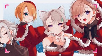 2boys 2girls :d :o animal_ear_fluff animal_ears aqua_streaks arlecchino_(genshin_impact) beret black_bow black_bowtie black_hair blonde_hair blue_eyes blunt_bangs blush border bow bowtie brother_and_sister brothers capelet cat_ears closed_eyes closed_mouth commentary_request crossed_bangs dress earrings facial_mark freckles freminet_(genshin_impact) fur-trimmed_capelet fur-trimmed_dress fur-trimmed_hood fur-trimmed_sleeves fur_trim genshin_impact grey_hair hair_between_eyes hair_bow hair_over_one_eye hand_on_another's_chin hat highres hood hood_up hooded_capelet huge_bow jacket jewelry long_hair long_sleeves looking_at_viewer looking_back low_ponytail lynette_(genshin_impact) lyney_(genshin_impact) multicolored_hair multiple_boys multiple_girls nekorin_chu one_eye_covered open_mouth outside_border parted_bangs pom_pom_(clothes) ponytail purple_eyes red_bow red_capelet red_dress red_hat red_jacket red_streaks short_hair siblings sidelocks smile star_(symbol) star_facial_mark streaked_hair swept_bangs teardrop_facial_mark twins upper_body viewfinder watermark white_border white_hair