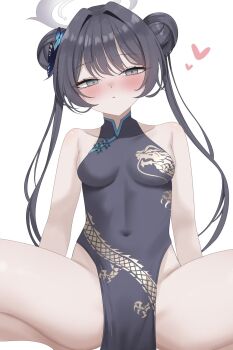 1girl bare_shoulders black_dress black_hair blue_archive blush breasts butterfly_hair_ornament china_dress chinese_clothes commentary_request covered_navel double_bun dragon_print dress eyelashes grey_eyes grey_halo hair_bun hair_ornament halo heart highres kisaki_(blue_archive) long_hair looking_at_viewer nemumuchan pelvic_curtain sleeveless sleeveless_dress solo thighs white_background