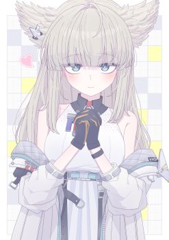 1girl absurdres ahoge animal_ears arknights arknights:_endfield bare_shoulders belt bird_ears bird_girl black_gloves blonde_hair blue_eyes blunt_bangs blush breasts commentary_request dot_nose dress gloves grid_background hair_intakes heart high-waist_belt highres jacket large_breasts long_hair long_sleeves looking_at_viewer off_shoulder open_clothes open_jacket own_hands_clasped own_hands_together perlica_(arknights) pleated_skirt skirt sleeveless sleeveless_dress smile solo tkugane unzipped upper_body white_dress white_jacket yellow_pupils